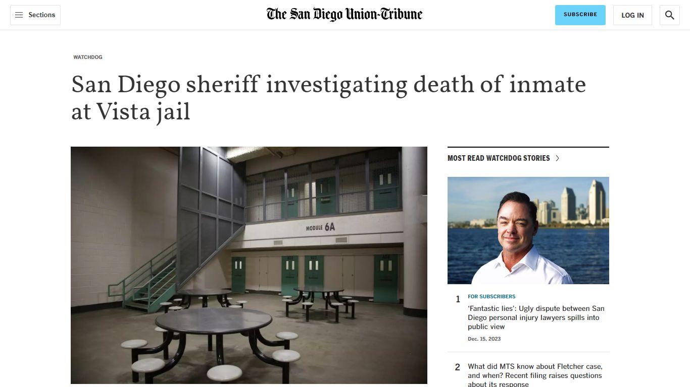 San Diego sheriff investigating death of inmate at Vista jail